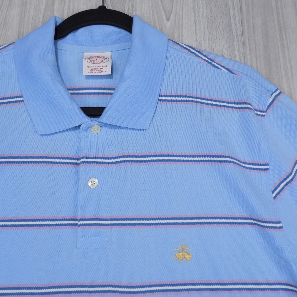 Brooks Brothers Performance Polo Shirt Mens L Blue Striped Original Fit EUC